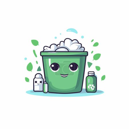 Téléchargez les illustrations : Mignon seau vert dessin animé avec savon et shampooing. Illustration vectorielle. - en licence libre de droit