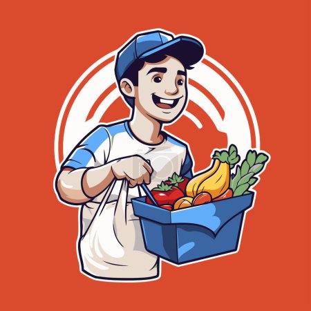 Illustration for Vector illustration of a delivery man with a basket full of fresh vegetables - Royalty Free Image