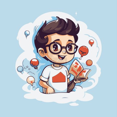 Illustration for Cute boy with books and balloons on blue background. Vector illustration. - Royalty Free Image