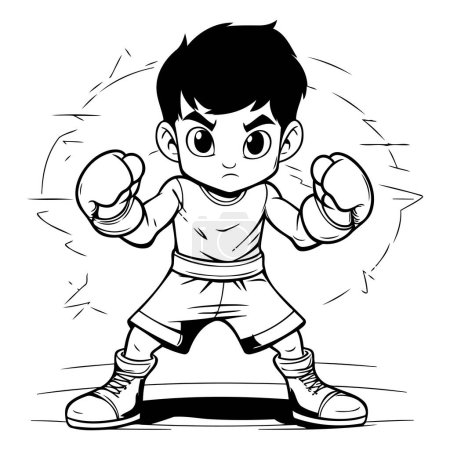 Illustration for Cartoon illustration of a little boy boxing. Black and white version. - Royalty Free Image