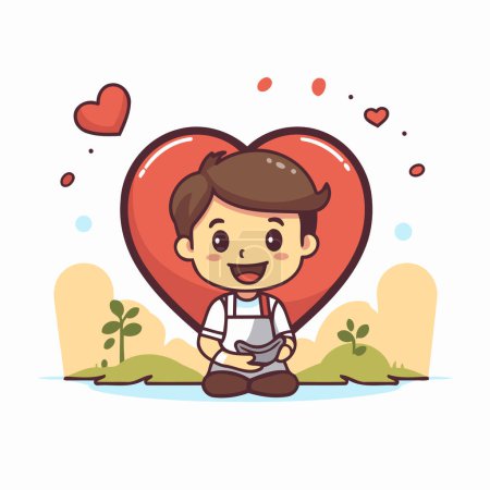 Illustration for Cute little boy with a red heart. Vector illustration in cartoon style. - Royalty Free Image