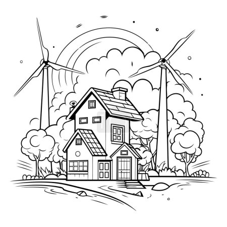 Ilustración de Casa ecológica con aerogeneradores. Ilustración vectorial en blanco y negro. - Imagen libre de derechos
