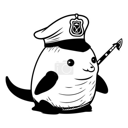 Téléchargez les illustrations : Illustration d'un pingouin dessin animé mignon portant une casquette de police et tenant une lance - en licence libre de droit
