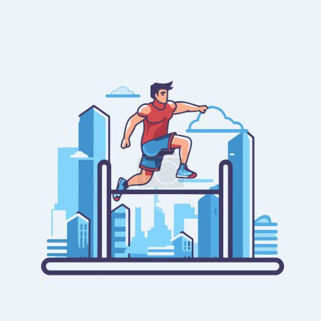 Illustration for Vector illustration of man jumping over obstacle in city. Flat style design. - Royalty Free Image