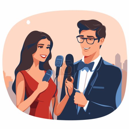 Couple of radio hosts with microphones. Vector illustration in cartoon style