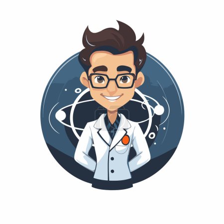 Téléchargez les illustrations : Illustration vectorielle d'un scientifique masculin vêtu d'un manteau blanc et portant des lunettes avec un stéthoscope autour du cou. - en licence libre de droit