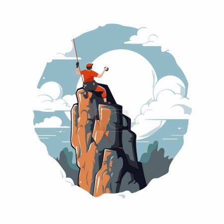 Ilustración de Hombre subiendo a la cima de una montaña. Ilustración vectorial en estilo plano - Imagen libre de derechos