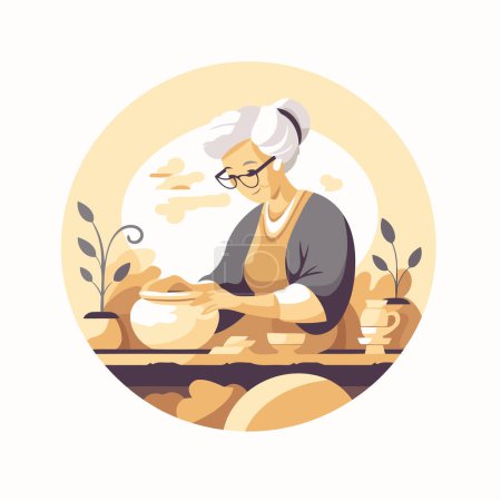 Illustration for Old woman potter at work in the pottery. Vector illustration. - Royalty Free Image