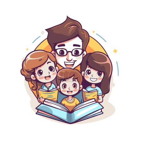 Ilustración de Ilustración de una familia feliz leyendo un libro juntos. Ilustración vectorial. - Imagen libre de derechos