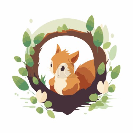 Téléchargez les illustrations : Joli écureuil dans une couronne de feuilles. Illustration vectorielle. - en licence libre de droit