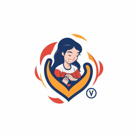Illustration for Woman with hands in heart shape vector logo design template. Love and health symbol. - Royalty Free Image