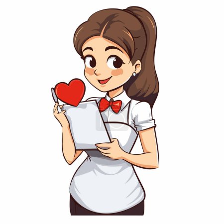 Téléchargez les illustrations : Jolie serveuse avec un cœur et un menu. Illustration vectorielle - en licence libre de droit
