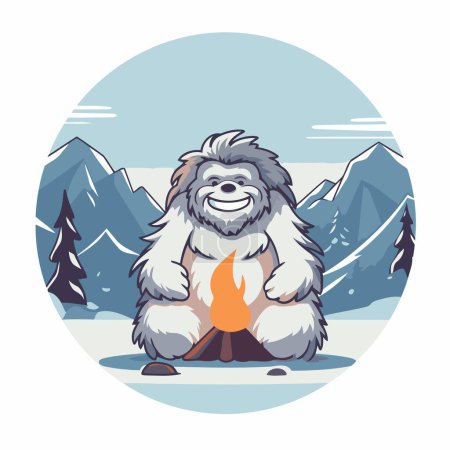 Téléchargez les illustrations : Gorille est assis près du feu de camp dans les montagnes. Illustration vectorielle. - en licence libre de droit