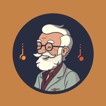 Old man with glasses and headphones. Vector illustration in flat style.