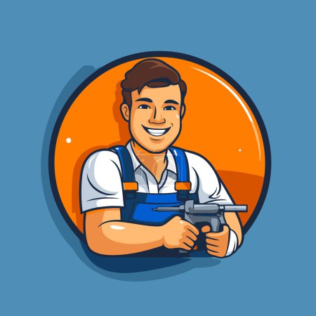 Illustration for Handyman holding a drill. Vector illustration in cartoon style. - Royalty Free Image