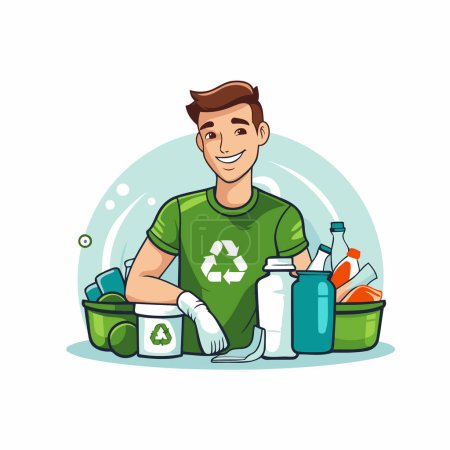 Téléchargez les illustrations : T-shirt homme en vert avec produits nettoyants. Illustration vectorielle. - en licence libre de droit