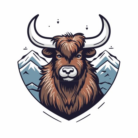 Téléchargez les illustrations : Mascotte illustration d'une tête de yak avec des montagnes en arrière-plan. - en licence libre de droit
