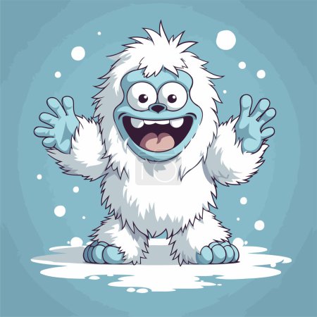 Téléchargez les illustrations : Drôle de dessin animé singe blanc avec neige et flocons de neige sur fond bleu - en licence libre de droit