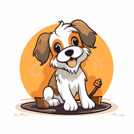 Téléchargez les illustrations : Mignon chien de dessin animé assis à côté d'un bol de nourriture. Illustration vectorielle. - en licence libre de droit