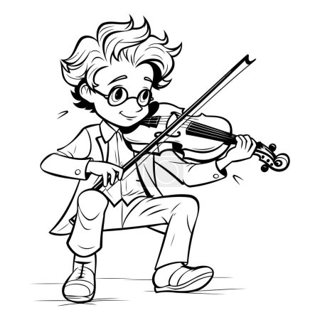 Téléchargez les illustrations : Illustration de bande dessinée d'un garçon jouant du violon - Version noir et blanc - en licence libre de droit