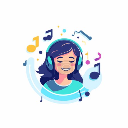 Téléchargez les illustrations : Jeune femme écoutant de la musique avec des écouteurs. Illustration vectorielle en style plat - en licence libre de droit