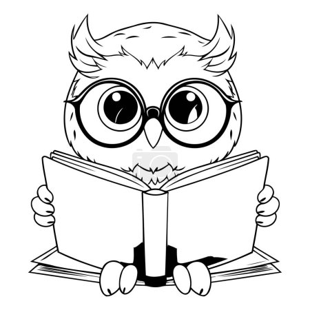 Illustration for Owl reading a book. Black and white vector illustration for coloring book. - Royalty Free Image