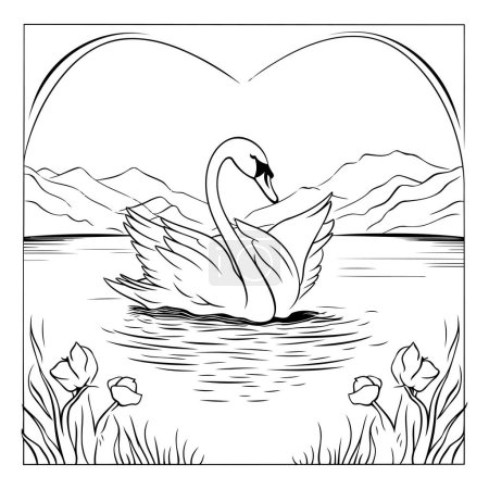 Ilustración de Cisne en el lago. Ilustración vectorial en blanco y negro para colorear libro. - Imagen libre de derechos