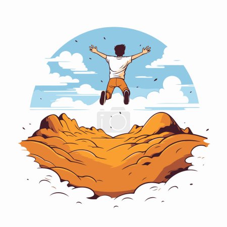 Ilustración de Feliz hombre saltando sobre la montaña. Ilustración vectorial. Estilo de dibujos animados. - Imagen libre de derechos