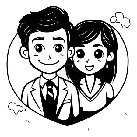 Ilustración de Ilustración vectorial de una pareja en un marco en forma de corazón. Esquema blanco y negro. - Imagen libre de derechos