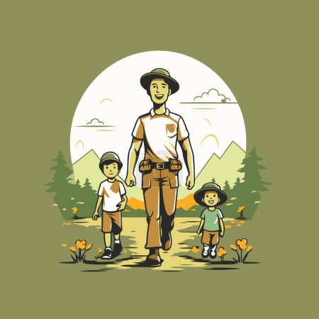 Téléchargez les illustrations : Père avec son fils et sa fille marchant dans la nature. Illustration vectorielle. - en licence libre de droit