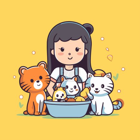 Illustration for Cute little girl holding a basin with cats and dogs. Vector illustration. - Royalty Free Image