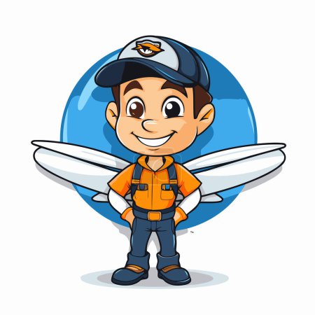 Illustration for Cute boy wearing life jacket and cap with surfboard cartoon vector illustration - Royalty Free Image