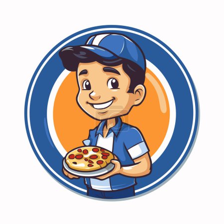 Téléchargez les illustrations : Illustration d'un livreur de pizza tenant une pizza devant une assiette - en licence libre de droit