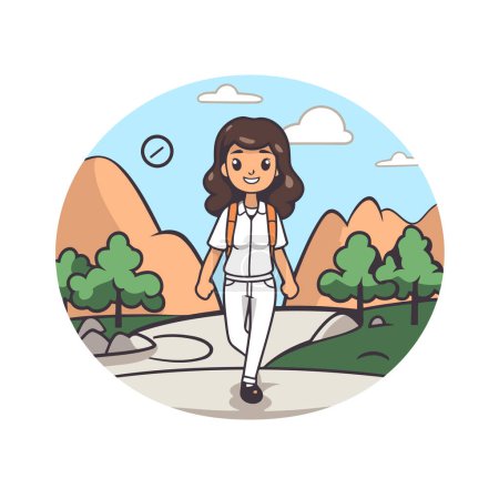 Téléchargez les illustrations : Jeune femme marchant dans le parc. Illustration vectorielle dans le style dessin animé. - en licence libre de droit