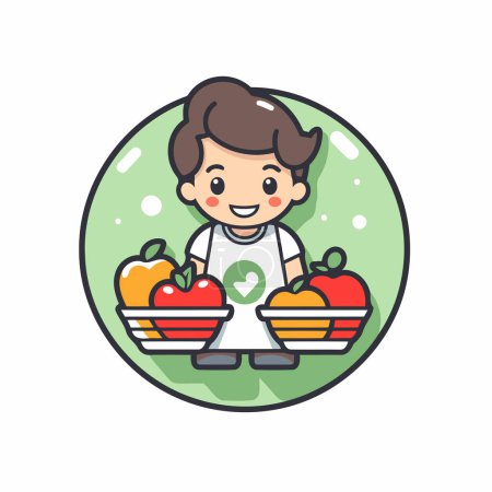 Illustration for Cute boy with fresh vegetables. Vector illustration in cartoon style. - Royalty Free Image