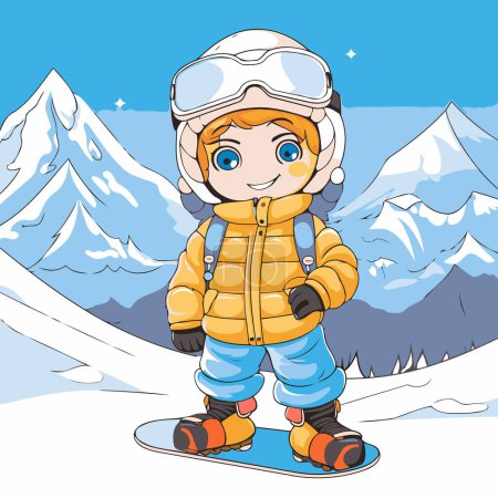 Téléchargez les illustrations : Petit garçon snowboard dans les montagnes. Illustration vectorielle d'un enfant en vêtements d'hiver. - en licence libre de droit