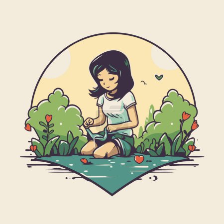 Illustration for Girl sitting on the grass in the garden. Vector illustration in cartoon style. - Royalty Free Image