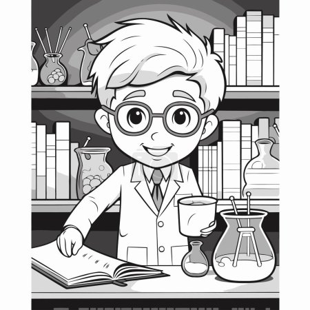 Illustration for Scientist in the laboratory. Black and white illustration for coloring book. - Royalty Free Image