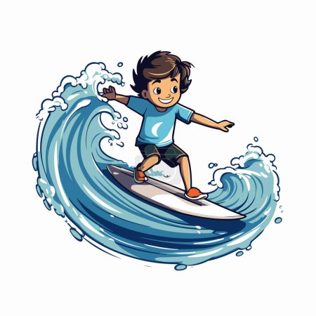Illustration for Boy surfing on the waves. Vector illustration isolated on white background. - Royalty Free Image