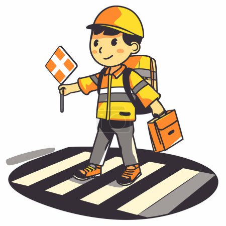 Téléchargez les illustrations : Illustration d'un ouvrier de la construction traversant la route avec un panneau de signalisation - en licence libre de droit