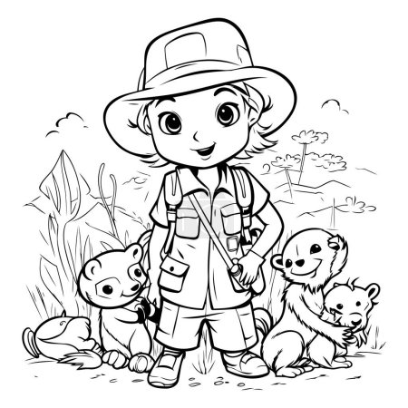 Illustration for Outline illustration of a girl scout with her group of wild animals - Royalty Free Image