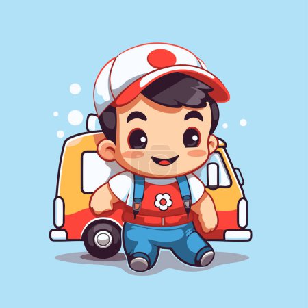 Téléchargez les illustrations : Joli petit garçon conduisant un camion. Illustration vectorielle de personnage de dessin animé. - en licence libre de droit