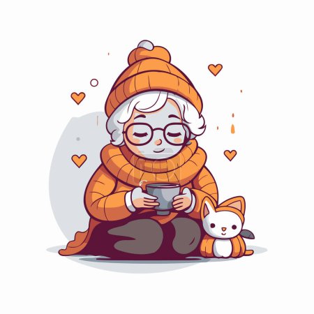 Ilustración de Linda abuela con una taza de té y gato. Ilustración vectorial. - Imagen libre de derechos