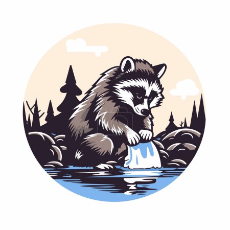 Illustration for Raccoon drinking water in the pond. Vector illustration in retro style. - Royalty Free Image