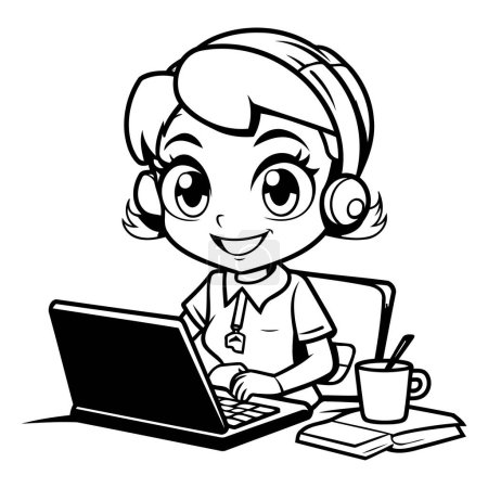 Téléchargez les illustrations : Illustration de bande dessinée en noir et blanc d'un médecin ou d'une infirmière utilisant un ordinateur portable pour un livre à colorier - en licence libre de droit