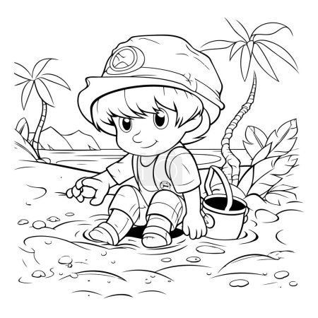 Téléchargez les illustrations : Garçon jouant sur la plage. illustration vectorielle noir et blanc pour livre à colorier - en licence libre de droit