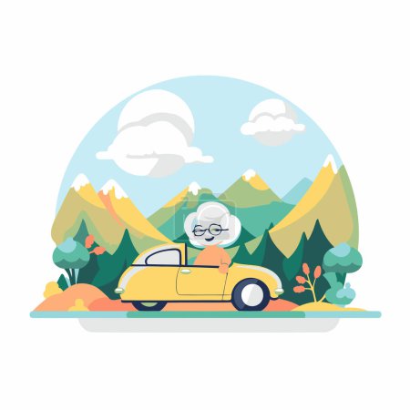 Téléchargez les illustrations : Grand-mère âgée conduisant une voiture dans le parc. Illustration vectorielle de style plat. - en licence libre de droit