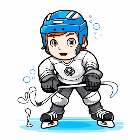 Ilustración de Chico de dibujos animados jugando hockey sobre hielo. Ilustración vectorial sobre fondo blanco. - Imagen libre de derechos