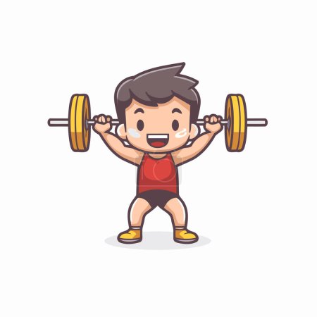 Illustration for Little boy lifting barbell cartoon vector illustration. Sport and healthy lifestyle concept. - Royalty Free Image