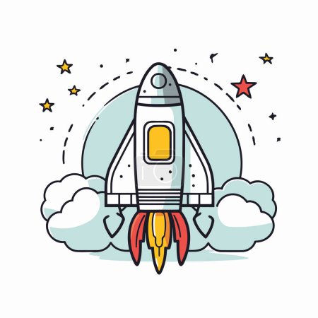 Illustration for Space rocket with stars and clouds. Vector illustration in linear style. - Royalty Free Image